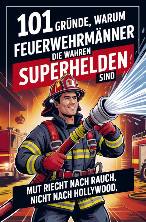 "101 Gründe, warum Feuerwehrmänner die wahren Superhelden sind. Mut riecht nach Rauch, nicht nach Hollywood." Illustration.