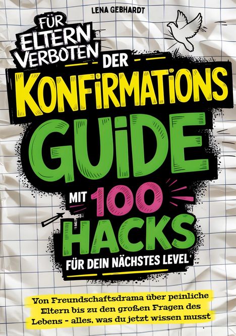 Text auf kariertem Hintergrund: "Für Eltern verboten. Der Konfirmations-Guide mit 100 Hacks für dein nächstes Level."