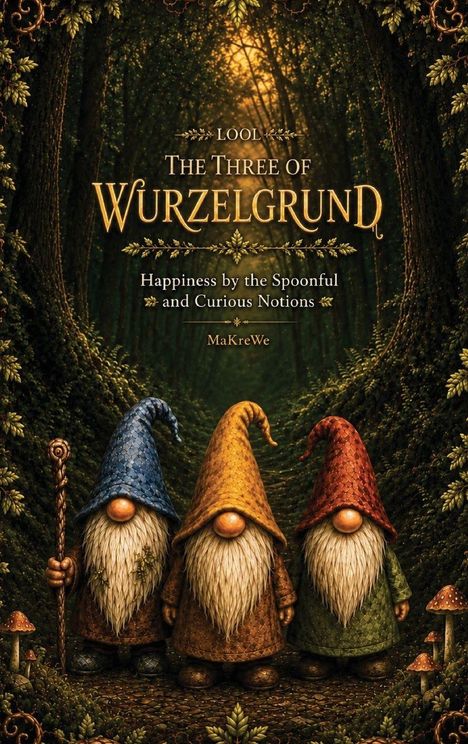 Text: "LOOL THE THREE OF WURZELGRUND Happiness by the Spoonful and Curious Notions. MaKreWe." Drei Zwerge im Wald.