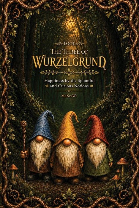 "THE THREE OF WURZELGRUND" steht in großen Buchstaben. Drei bärtige Gnome mit bunten Hüten stehen in einem Wald.