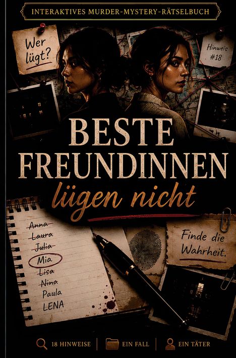 Interaktives Murder-Mystery-Rätselbuch: Beste Freundinnen lügen nicht. Silhouetten zweier Frauen, zerrissenes Herz, Ketten.