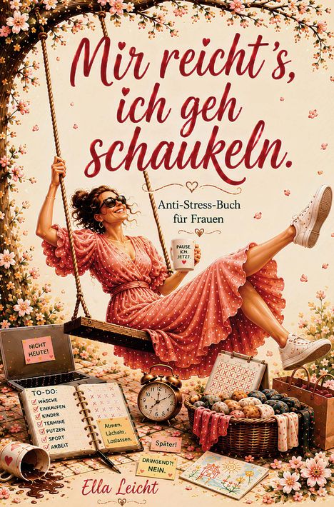 "Mir reicht's, ich geh schaukeln." Eine Frau in einem pinken Kleid schaukelt lächelnd, umgeben von Blumen und Entspannung.