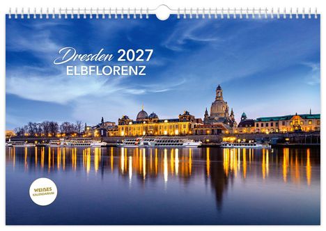 "Dresden 2027 ELBFLORENZ" steht oben. Darunter eine beleuchtete Stadtsilhouette am Fluss bei Dämmerung.
