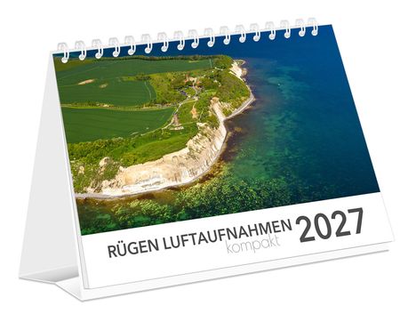 "RÜGEN LUFTAUFNAHMEN kompakt 2027" steht unter einem Foto mit Küstenlandschaft und Feldern.