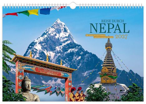 "Reise durch Nepal 2027". Schneebedeckter Berg, buddhistischer Tempel und Mönche, farbenfrohe Gebetsflaggen.
