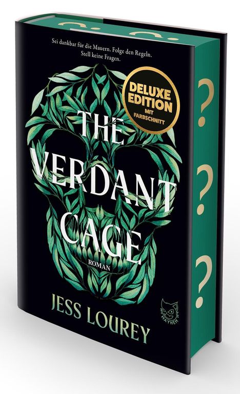 "Sei dankbar für die Mauern. Folge den Regeln. Stell keine Fragen." Buchcover mit Blättern und der Aufschrift "The Verdant Cage".