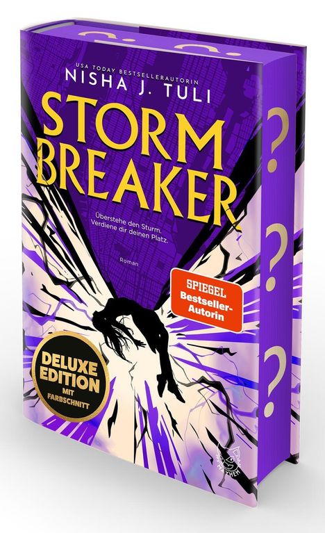 "STORM BREAKER" von Nisha J. Tuli. "Deluxe Edition mit Farbschnitt." Illustration in Lila mit schwarzer Silhouette.
