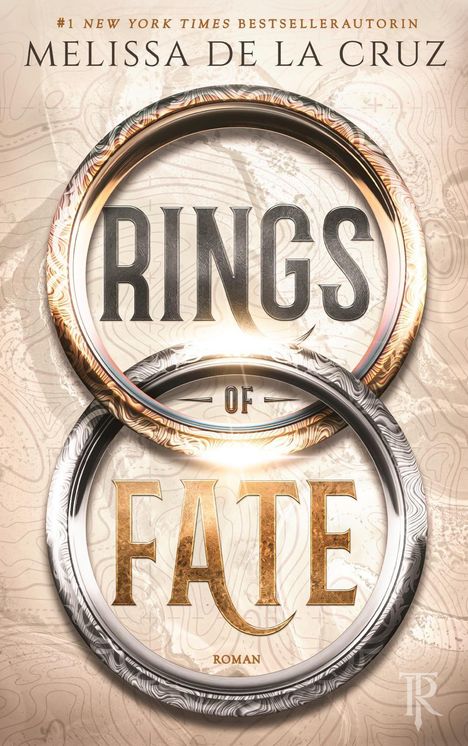 "Rings of Fate" in großen Buchstaben, Autorin Melissa de la Cruz. Zwei verschlungene, dekorative Ringe im Hintergrund.
