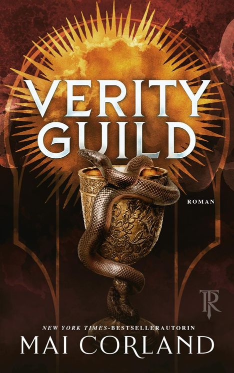 „VERITY GUILD“, „ROMAN“. Eine Schlange schlängelt sich um einen verzierten Kelch vor einem goldenen Hintergrund.