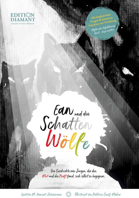 Text: "Ean und die Schattenwölfe." Illustration: Schattenhafte Wölfe in Schwarzweiß mit Lichtstrahlen.