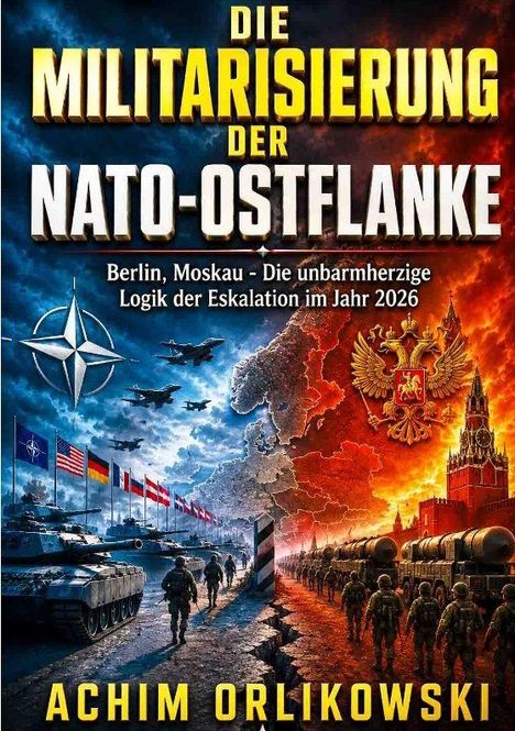 „Die Militarisierung der NATO-Ostflanke“ steht groß über einer dramatischen Landschaft mit Soldaten. Links NATO, rechts Russland.