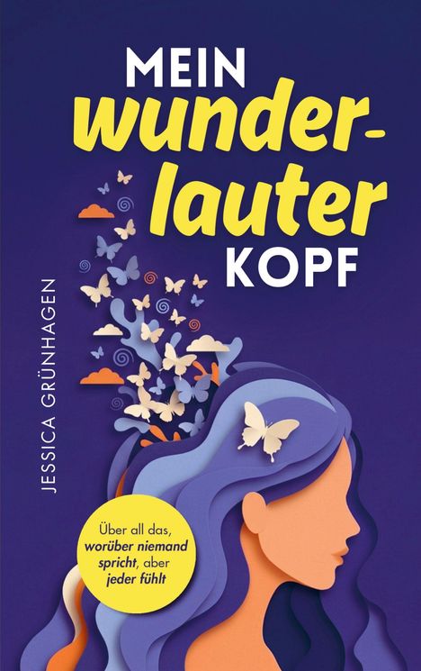 „MEIN wunderlauter KOPF“ ist der Titel. Schmetterlinge und bunte Wolken aus einem Kopf als künstlerische Illustration.