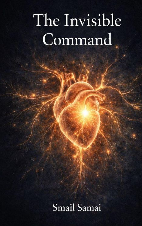 Text: "The Invisible Command" und "Smail Samai". Illustration eines leuchtenden Herzens mit elektrischen Verzweigungen.