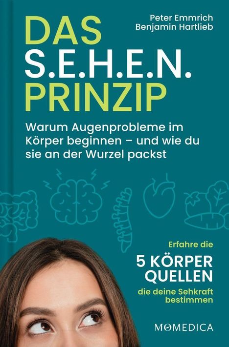 "Das S.E.H.E.N. Prinzip" Buchcover: Text oben, Frau unten mit hochschauenden Augen. Illustrationen von Körperteilen.
