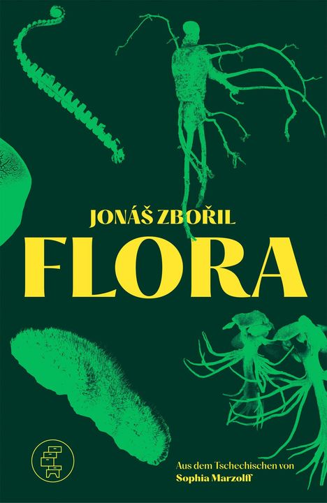 Große gelbe Schrift: "JONÁŠ ZBOŘIL FLORA". Grüne Pflanzenillustrationen auf dunkelgrünem Hintergrund.