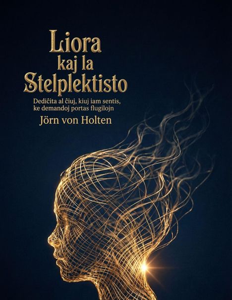Text: "Liora kaj la Stelplektisto, Dediĉita al ĉiuj, kiuj iam sentis, ke demandoj portas flugilojn, Jörn von Holten." Illustration: Ein leuchtendes, drahtartiges Profil.