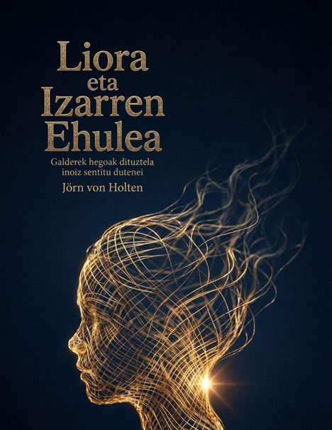 "Liora eta Izarren Ehulea; Galdekerk hegoak dituztela inoiz sentitu dutenei; Jörn von Holten." Leuchtende Linien formen ein Gesicht.
