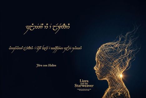 Text: "Jörn von Holten", "Liora and the Starweaver", "Dedicated... wings". Illustration: Drahtmodell eines Mädchens mit Sternen.