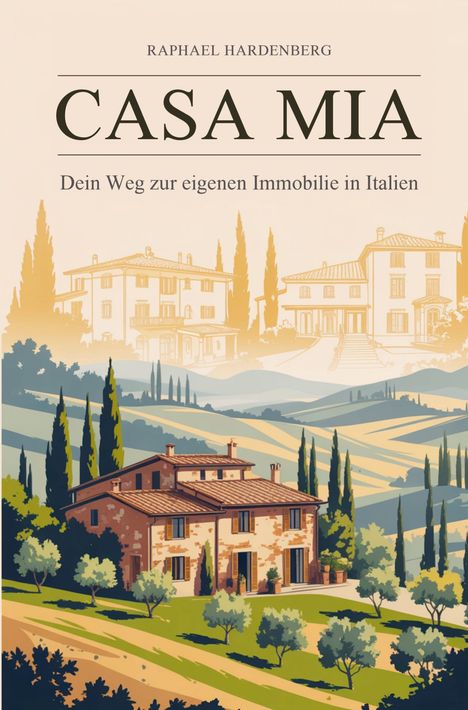 "CASA MIA: Dein Weg zur eigenen Immobilie in Italien." Illustration zeigt ein Landhaus in toskanischer Landschaft.