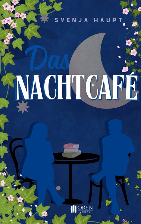 „Das Nachtcafé“ von Svenja Haupt. Zwei Personen sitzen an einem Tisch mit Büchern, umrahmt von Efeu und Blumen.