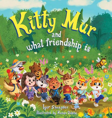 „Kitty Mur and what friendship is“. Bunte Illustration von fröhlichen Tieren, die gemeinsam im Grünen tanzen.
