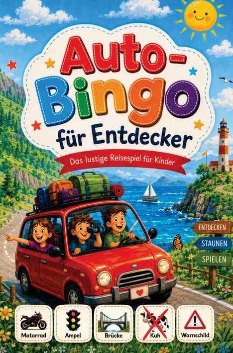 „Auto-Bingo für Entdecker“ oben, „Das lustige Reisespiel für Kinder“. Illustration: Rotes Auto, fröhliche Kinder, Landschaft.
