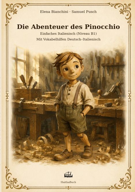 "Die Abenteuer des Pinocchio" von Elena Bianchini und Samuel Pusch zeigt Pinocchio in einer Werkstatt stehend.