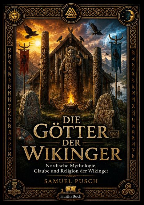 „Die Götter der Wikinger“ zeigt ein Wikingergebäude und Runensteine, umrahmt von nordischen Symbolen und zwei Bannern.
