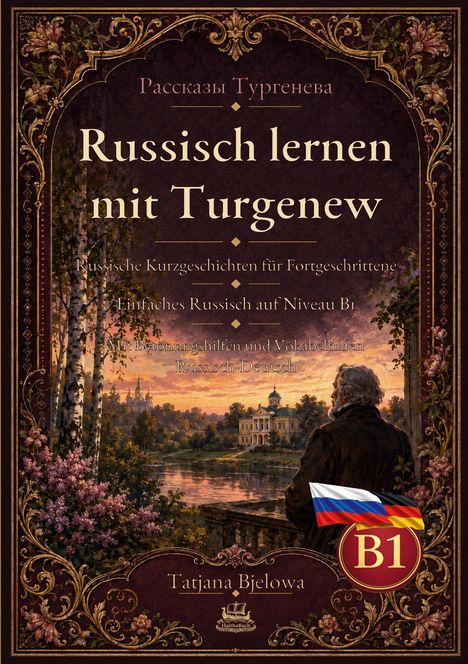 „Russisch lernen mit Turgenew“, B1, Tatjana Bjelowa. Illustration: Mann blickt von Terrasse auf Gebäude im Abendlicht.