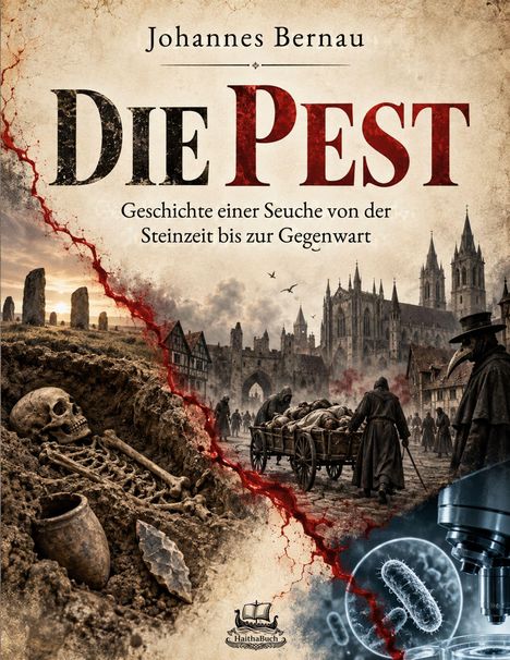 "Die Pest" von Johannes Bernau. Szenen: Skelett in Erde, Mittelalterstadt, Pestdoktoren, Bakterien und Mikroskop.