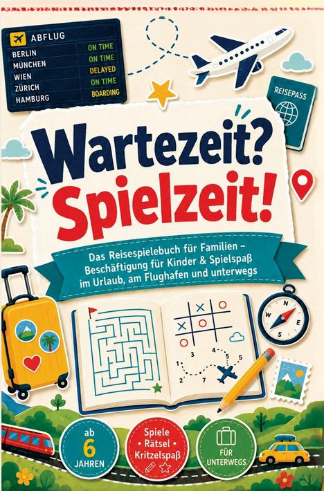 "Wartezeit? Spielzeit! Das Reisespielebuch für Familien..." Oben Abflugtafel; Symbole: Flugzeug, Koffer, Kompass, Zug, Auto.