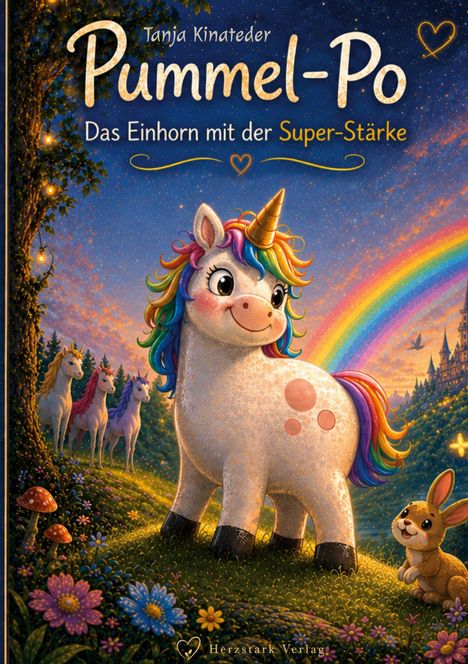 Tanja Kinatseder: "Pummel-Po - Das Einhorn mit der Super-Stärke". Ein buntes Einhorn und Hase auf einer Wiese.