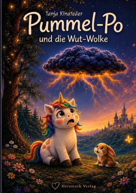 Titel: Pummel-Po und die Wut-Wolke. Ein Einhorn mit Regenbogenmähne sitzt unter einer blitzenden Wut-Wolke, neben einem Hasen.