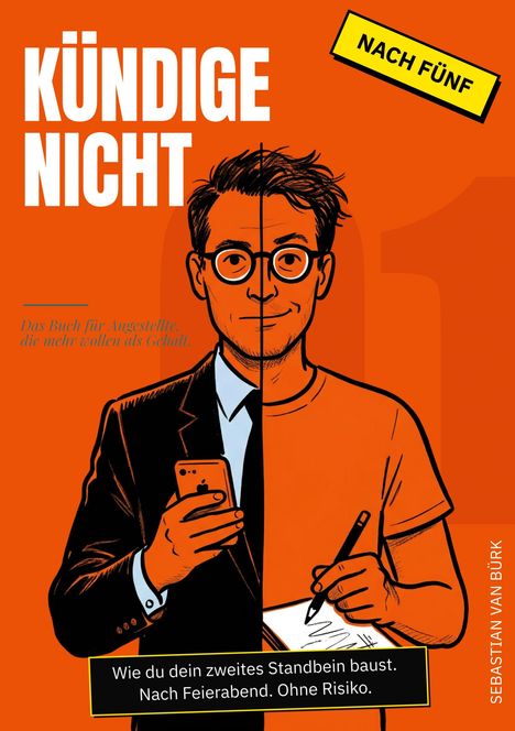 Ein illustratives Cover mit dem Titel "Kündige nicht" und "Nach fünf". Halb formell, halb leger gekleideter Mann.