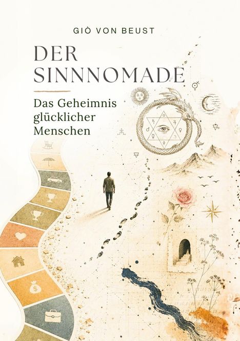 Titel: "Der Sinnnomade: Das Geheimnis glücklicher Menschen" von Giò von Beust. Ein Mann folgt Fußspuren, umgeben von Symbolen.