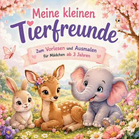 "Meine kleinen Tierfreunde. Zum Vorlesen und Ausmalen für Mädchen ab 3 Jahren." Niedliche Illustration mit Hase, Reh, Elefant.