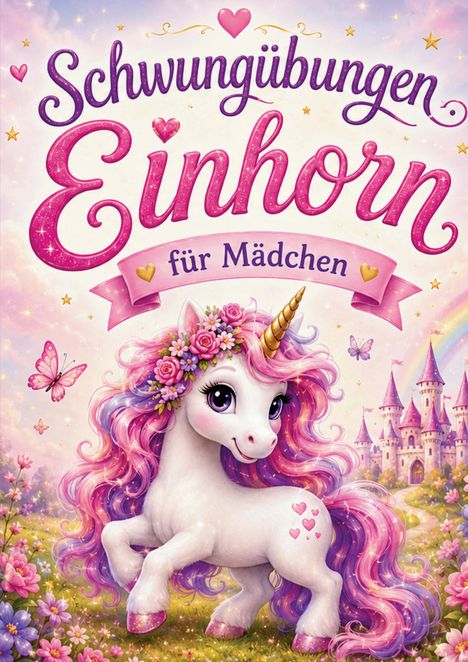 "Schwungübungen Einhorn für Mädchen" steht geschrieben. Ein Einhorn mit rosa Mähne vor einem märchenhaften Schloss.