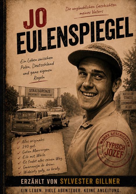 "Jo Eulenspiegel: Ein Leben zwischen Polen, Deutschland. Erzählt von Sylvester Gillner. Schwarz-weißes Retro-Design mit fröhlichem Mann."