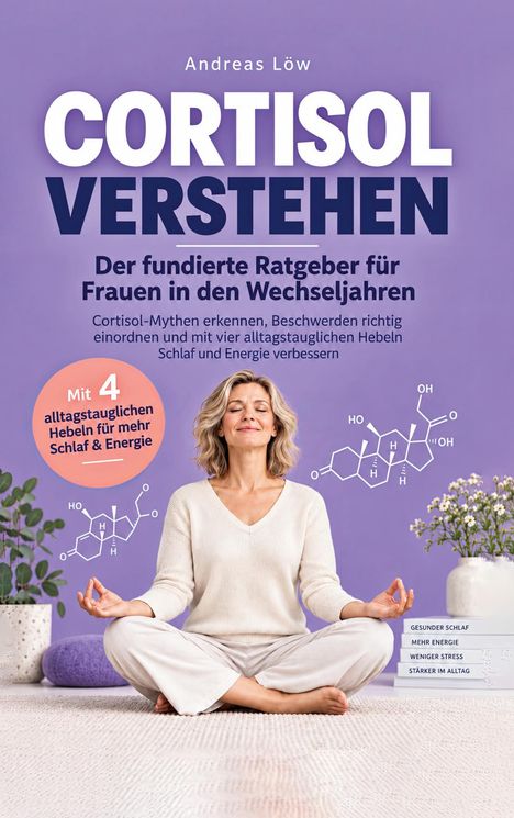 „CORTISOL VERSTEHEN. Warum du im Daueralarm feststeckst... Andreas Löw.“ Molekül-ähnliches Icon oben.