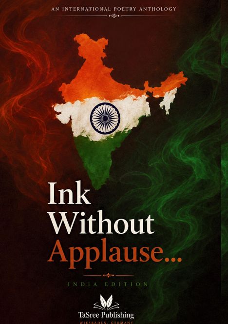 "An International Poetry Anthology - Ink Without Applause... India Edition. TaSree Publishing. Umriss von Indien in Flaggenfarben."