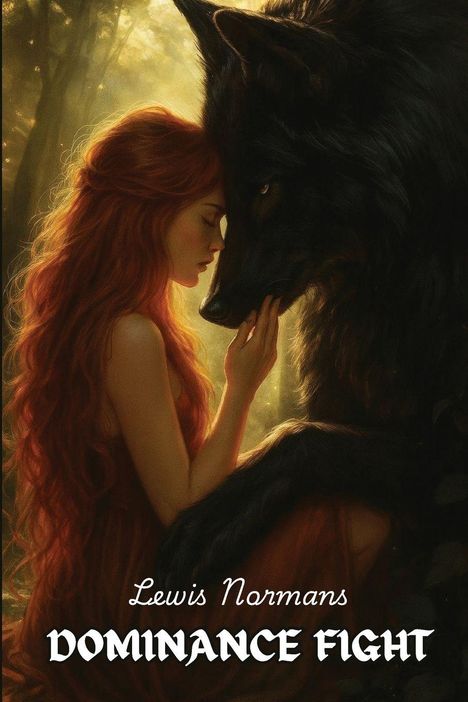 „Lewis Normans DOMINANCE FIGHT“. Eine Frau mit langem, rotem Haar berührt sanft den Kopf eines großen schwarzen Wolfs.