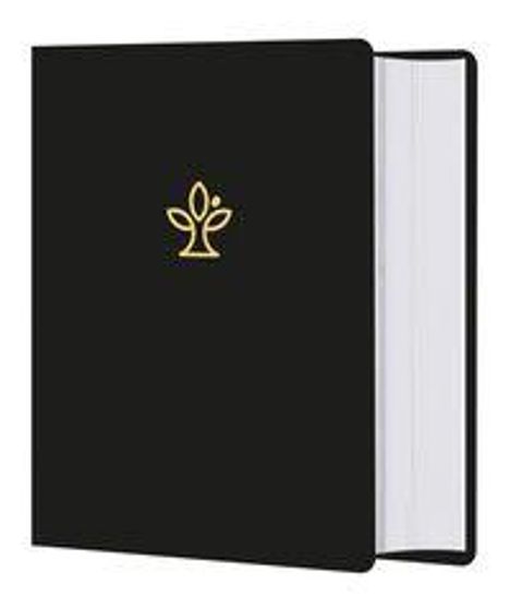 Ein schwarzes Buch mit einem goldenen, stilisierten Baum-Logo auf dem Cover.