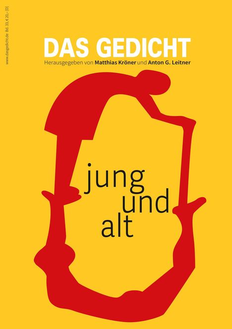 „jung und alt“ in der Mitte, oben „DAS GEDICHT“. Zwei rote Figuren umrunden den Text auf gelbem Hintergrund.