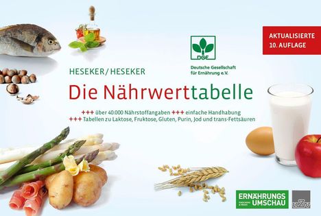 Titel: "Die Nährwerttabelle". Logo der Deutschen Gesellschaft für Ernährung neben Fisch, Gemüse und Milch.