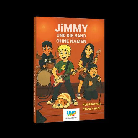 Cover eines Comics: "JiMMY UND DIE BAND OHNE NAMEN". Vier Kinder spielen Instrumente, ein Hund liegt davor.