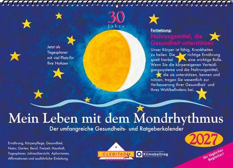 "Mein Leben mit dem Mondrhythmus" Kalender 2027, blauer Hintergrund, Mond, Sterne, spiralförmige Bindung. 