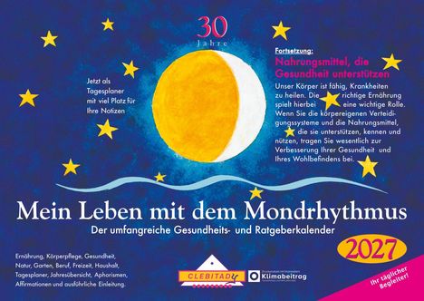 "30 Jahre", "Mein Leben mit dem Mondrhythmus", Illustration mit Mond, Sternen und blauer Nacht, "2027".