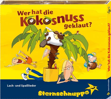 Text: "Wer hat die Kokosnuss geklaut?" Illustration: Kinder klettern auf einer Palme, humorvolle Szene. 