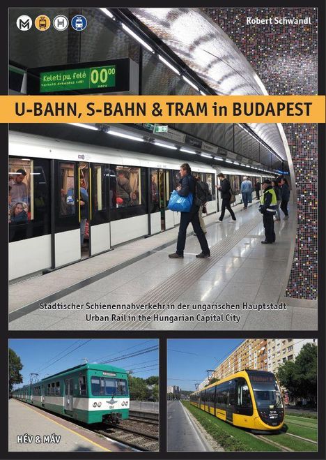 U-BAHN, S-BAHN & TRAM in BUDAPEST. Oben Foto von U-Bahnstation, unten Straßenbahn und Zug. Logos von Verkehrsmitteln.