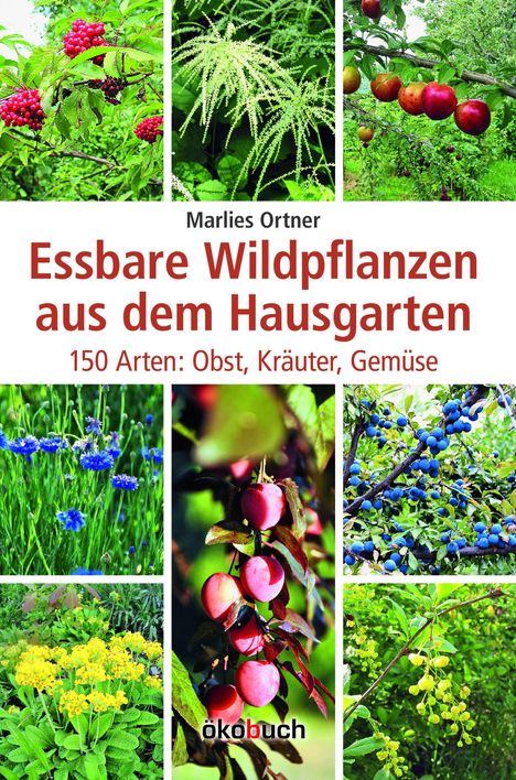 „Essbare Wildpflanzen aus dem Hausgarten“ von Marlies Ortner. Verschiedene Pflanzenbilder und ökobuch-Logo.